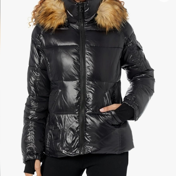 S13 NYC Down Glossy Puffer Jacket w/ Faux Fur Trim in Black Thumbhole - Picture 6 of 7